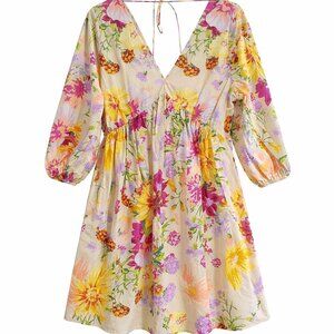 H&M Floral Mini Dress – Size M – V-Neck Puff Sleeve